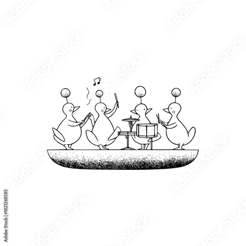 A whimsical band of four cartoon birds with glowing orbs playing music on a textured platform stage