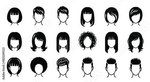 Collection of seventeen different male and female hairstyle icons for avatar and profile picture design vector illustration set isolated on white. isolated on white background, Vector, illustration