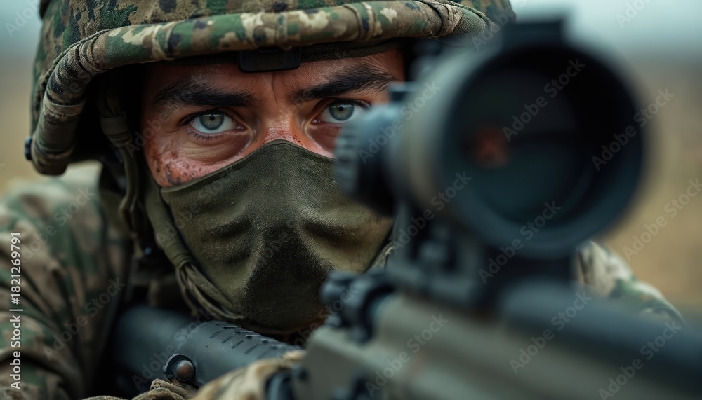 Fototapeta premium Close photo of soldier wearing camouflage. Focused eyes look through sniper rifle scope. Military man in mask ready for action. Intense face portrait shows precision and determination.