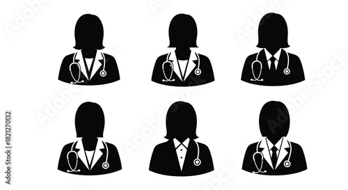 Female doctor avatar icon set, six black silhouettes of medical professionals with stethoscopes on white background. isolated on white background, Vector, illustration