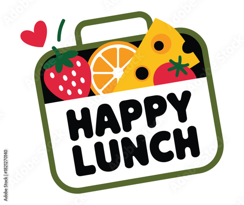 A lunchbox filled with fruit and cheese with the words Happy Lunch.