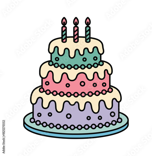 A three-tiered birthday cake with candles is ready for a celebration.