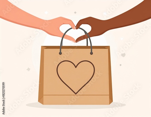 Diverse hands form heart over eco-friendly shopping bag symbolizing love and generous giving