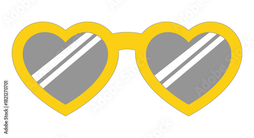 Yellow heart-shaped sunglasses reflect bright light and white stripes on a clean background.