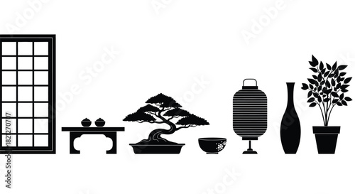 Minimalist traditional japanese interior design silhouette elements set, shoji screen, bonsai, tea, lantern, vase. isolated on white background, Vector, illustration