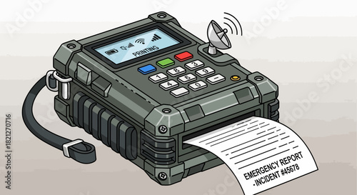 Isometric view rugged, portable emergency report device with keypad, screen, and satellite dish, printing detailed incident report