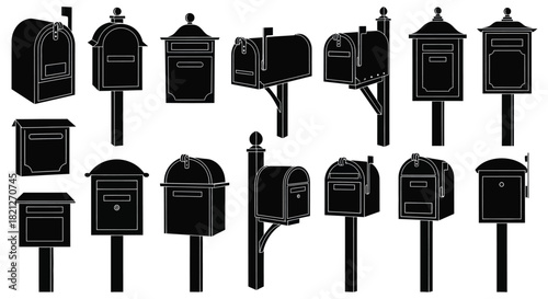 Assorted collection of black vector silhouette icons depicting various styles of residential mailboxes and postboxes on posts. isolated on white background, Vector, illustration
