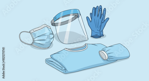 Collection personal protective equipment including face mask, face shield, surgical gloves, and gown, arranged on light blue