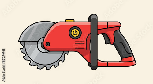 Red and black circular saw with silver blade, depicted in style against light beige
