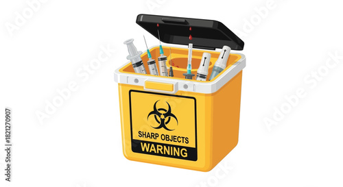 Yellow biohazard sharps container filled with used syringes and needles, with warning label indicating danger and proper disposal for medical waste