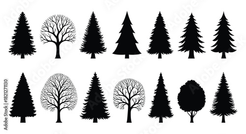 Collection of various black tree silhouettes including pine, fir, and deciduous shapes for design elements and nature icon set. isolated on white background, Vector, illustration