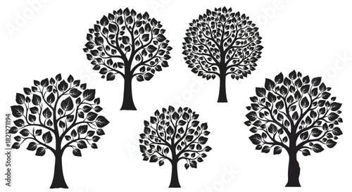 Collection of five black and white stylized tree silhouettes with dense foliage and branching on an isolated white background. isolated on white background, Vector, illustration