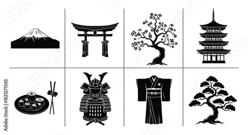 Japanese culture icons set featuring traditional landmarks, objects, and nature symbols in black silhouette style. isolated on white background, Vector, illustration
