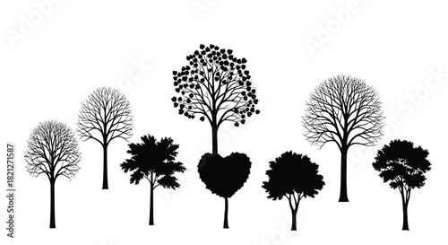 Collection of seven black tree silhouettes representing different species, seasons, nature, environment, and styles, isolated on white. isolated on white background, Vector, illustration