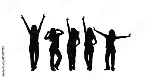 Five excited young women celebrating success and freedom, cheering with raised arms, vectorized silhouette on white background. isolated on white background, Vector, illustration