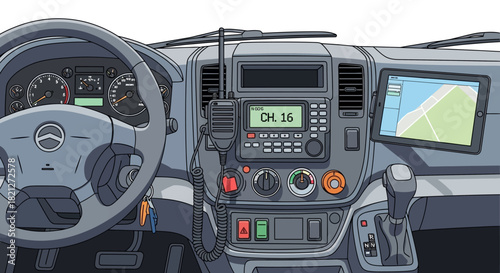 Interior view truck or vehicle dashboard with steering wheel, radio, gps, and gear shift
