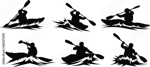 Kayaking silhouette illustration, black kayak icon, water sport vector, paddling action, outdoor adventure, dynamic splash, canoe graphic, active lifestyle