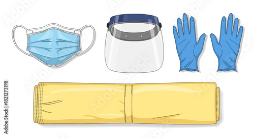 Collection personal protective equipment including surgical mask, face shield, and blue nitrile gloves, along with rolled yellow blanket, isolated on