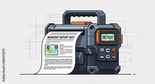 Futuristic incident report printer device with paper output, displaying report with photo and text, and screen showing ready, isolated on