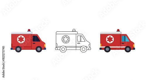 Set three ambulances two colored red with star life symbol and one outline sketch, representing emergency medical services