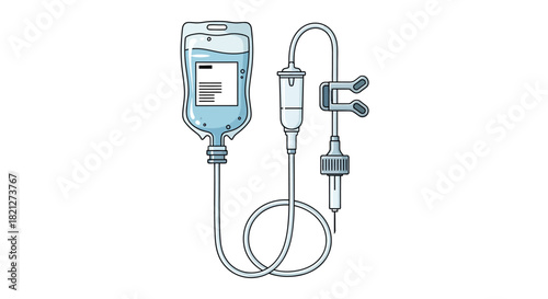 Intravenous iv drip bag and tubing, used for administering fluids and medication to patients in medical settings, isolated on