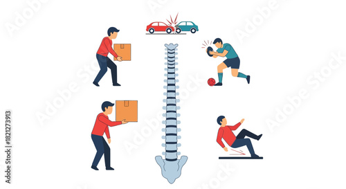 Collection illustrations depicting causes spinal injury, including heavy lifting, sports impact, car accident, and slipping, with spine graphic in the center