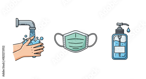 Hygiene and protection elements including hands being washed under faucet, face mask, and bottle hand sanitizer, isolated on