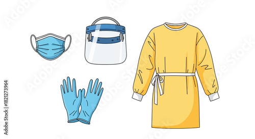 Personal protective equipment including face mask, face shield, surgical gown, and gloves, isolated on