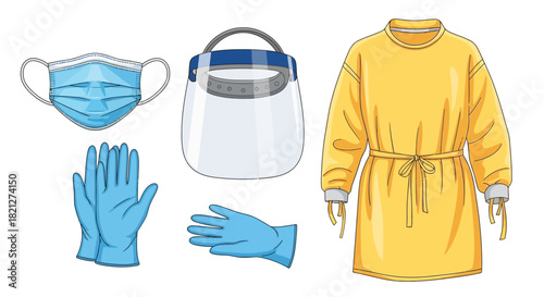 Collection personal protective equipment including face mask, face shield, gloves, and yellow gown, isolated on