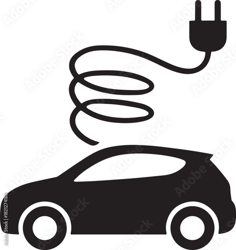 Spiral charging cable silhouette linking to sleek EV side profile for clean energy concepts.