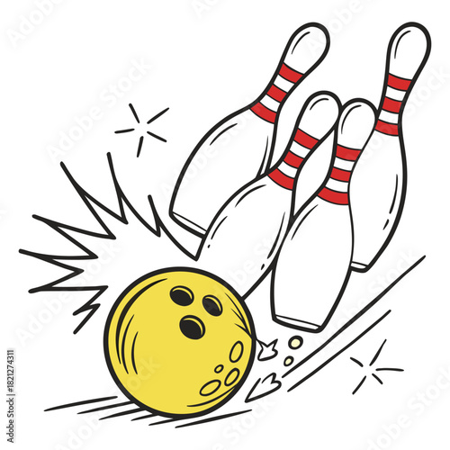 Yellow bowling ball striking white pins, cartoon illustration isolated on white background