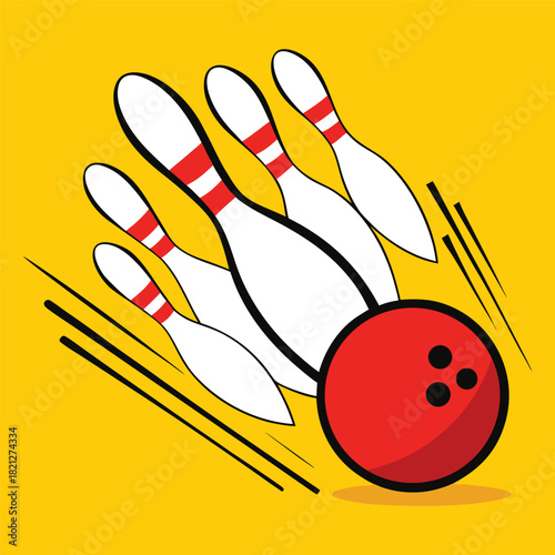 Red bowling ball striking white pins on a vibrant yellow background