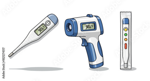Collection three thermometers digital oral thermometer, noncontact infrared forehead thermometer, and thermometer in packaging, isolated on