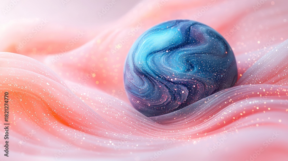 Fototapeta premium Artistic rendering of a swirling, celestial sphere resting on wavy, translucent, pink fabric with sparkling highlights