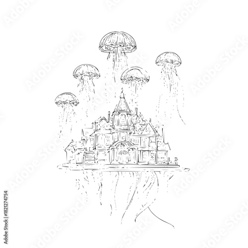 Illustration of a whimsical house floating with jellyfish in a black and white line drawing style art