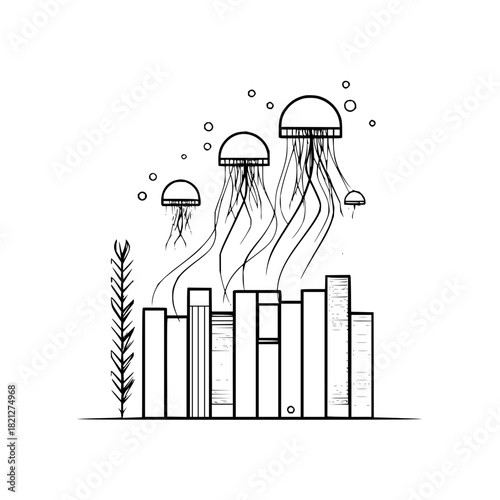 Outline drawing of jellyfish floating above a city skyline with seaweed and bubbles in black and white