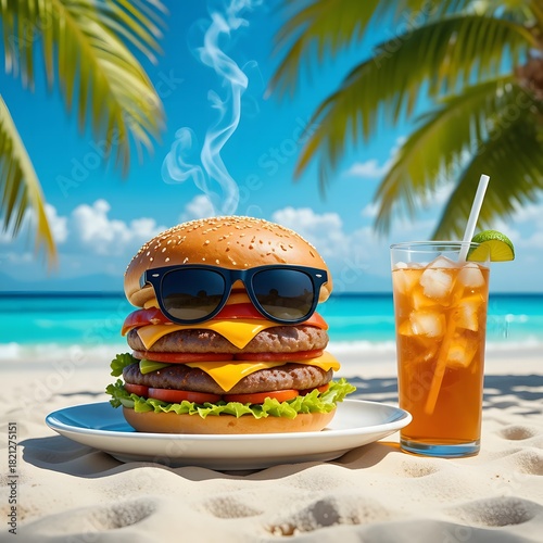 giant steaming burger wearing sunglasses with iced tea on tropical beach