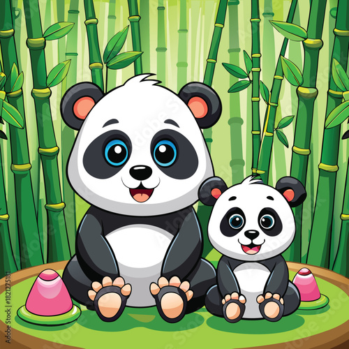 Cute cartoon pandas sitting together in a lush green bamboo forest