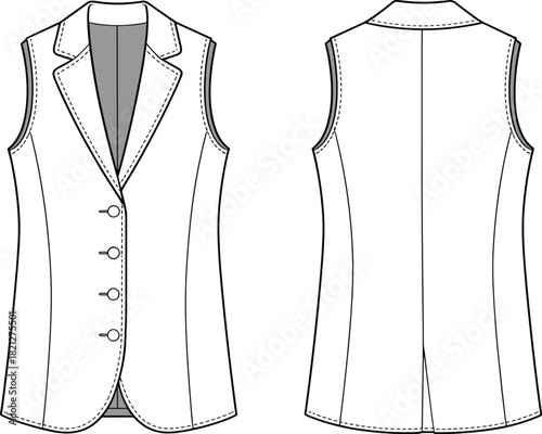 Sleeveless tailored vest technical flat sketch featuring notched lapel collar, button closure, curved hem, structured silhouette, professional garment design vector template