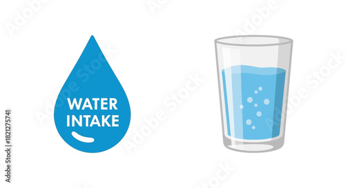 Water intake icon and glass water with bubbles, isolated on