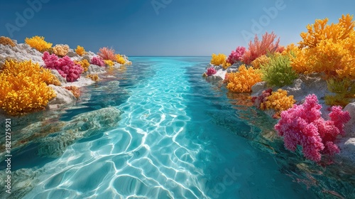 Fototapeta Naklejka Na Ścianę i Meble -  Shallow reef area with aqua blue water flowing over sandy ripples, colorful coral visible in distance
