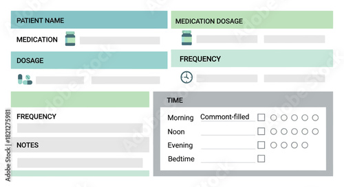Medication log sheet with fields for patient name, medication, dosage, frequency, and time, with checkboxes for morning, noon, evening, and bedtime, isolated on