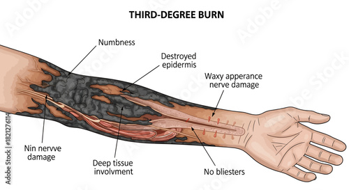 Diagram illustrating thirddegree burn on an arm, showing destroyed epidermis, nerve damage, deep tissue involvement, and waxy appearance isolated on