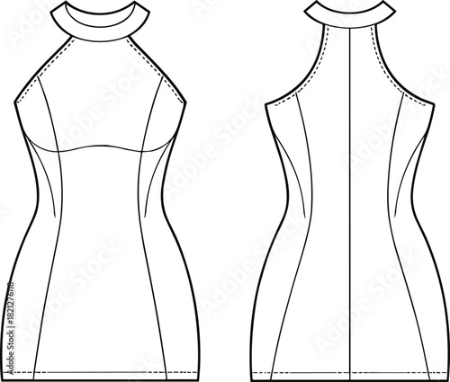 Halter-neck bodycon dress fashion flat illustration featuring contour panel lines, fitted silhouette, back seam detailing, and clean technical garment outline for design