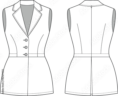 Sleeveless tailored blazer dress fashion flat illustration featuring notched lapel, button front closure, waist seam, and clean technical garment outline for designers
