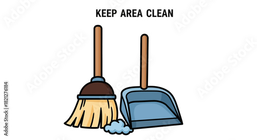 Broom and dustpan with small pile dust, symbolizing cleaning and tidiness, isolated on