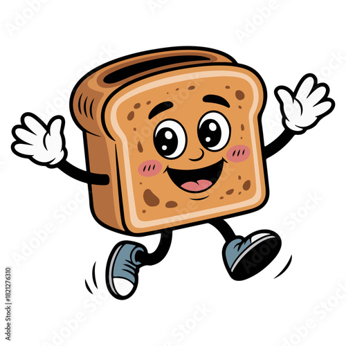 A playful illustration of a piece of toast with a happy face, running