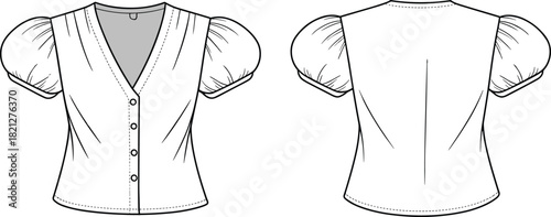 Short-sleeve puff-sleeve blouse fashion flat illustration featuring V-neck button front, tailored seams, and clean technical garment outline for apparel design