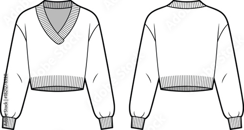 Cropped V-neck sweater fashion flat sketch showcasing front and back views with ribbed cuffs and hem for modern apparel design