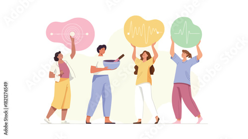 A vibrant vector illustration featuring a group of four distinct figures with one character prominently holding a bright pink object suitable for diverse design applications